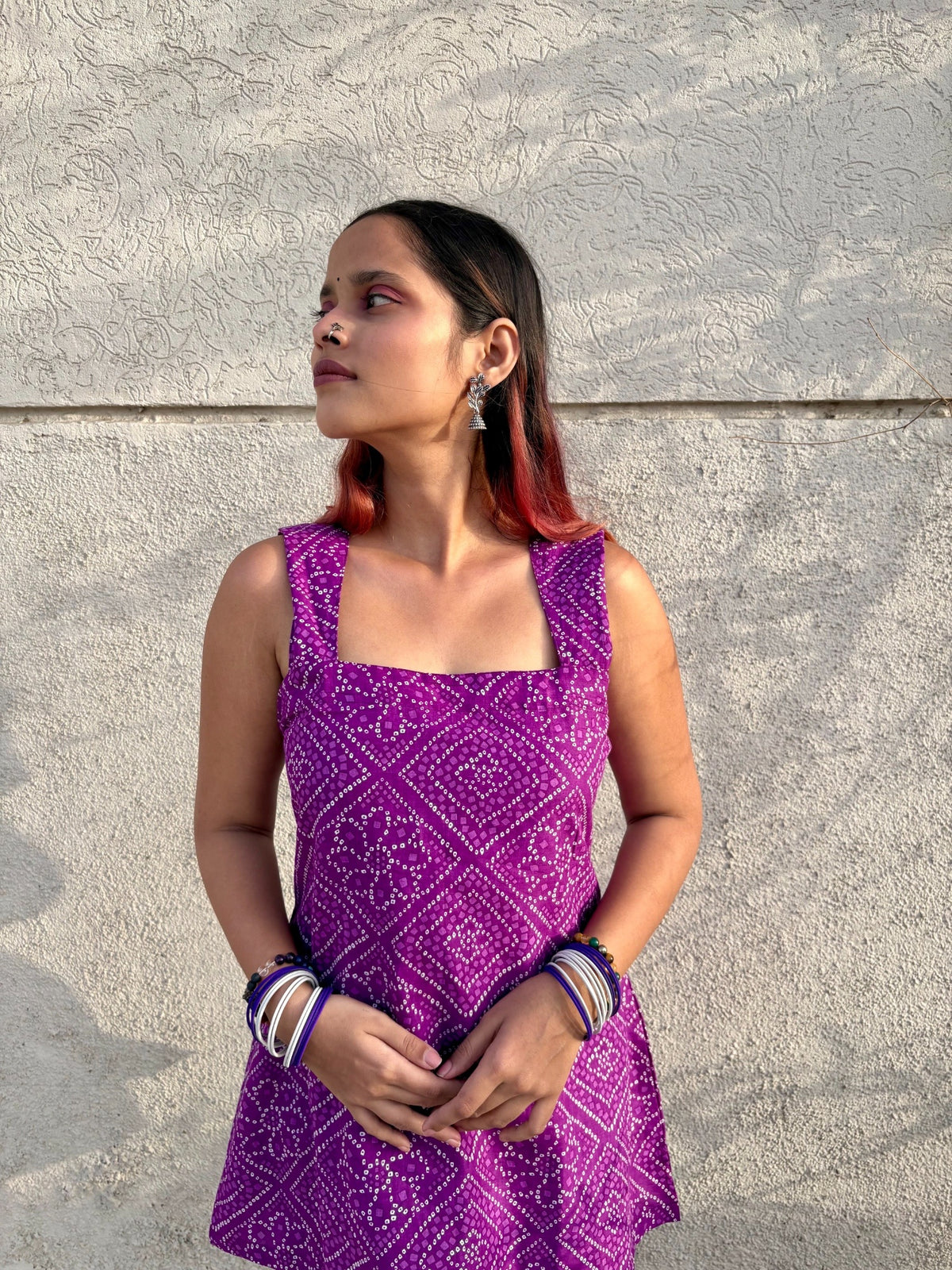 Women Purple Bandhani Printed Cotton Kurti with Corset Tie-Up Back | Sleeveless Trendy Kurti