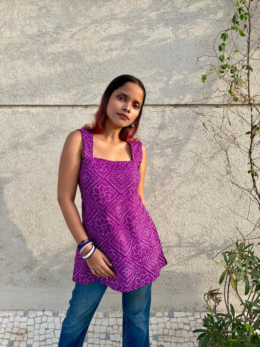 Women Purple Bandhani Printed Cotton Kurti with Corset Tie-Up Back | Sleeveless Trendy Kurti
