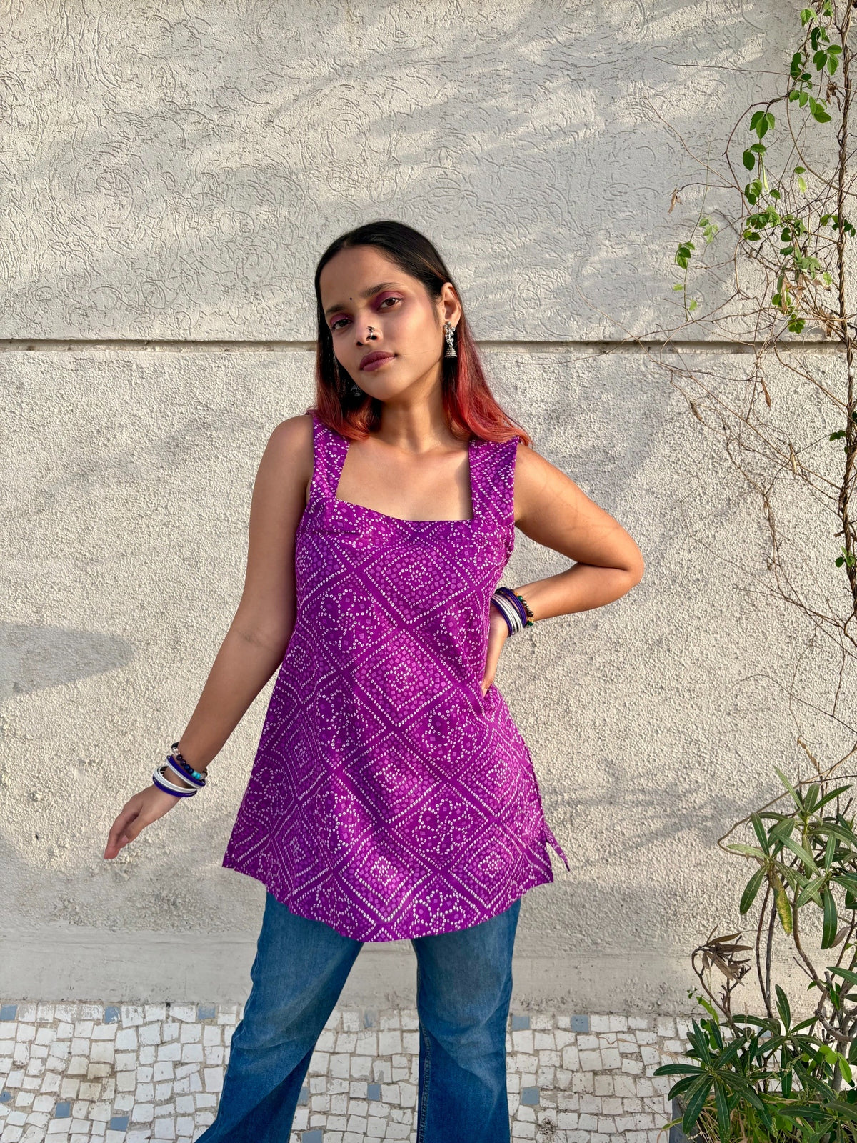 Women Purple Bandhani Printed Cotton Kurti with Corset Tie-Up Back | Sleeveless Trendy Kurti