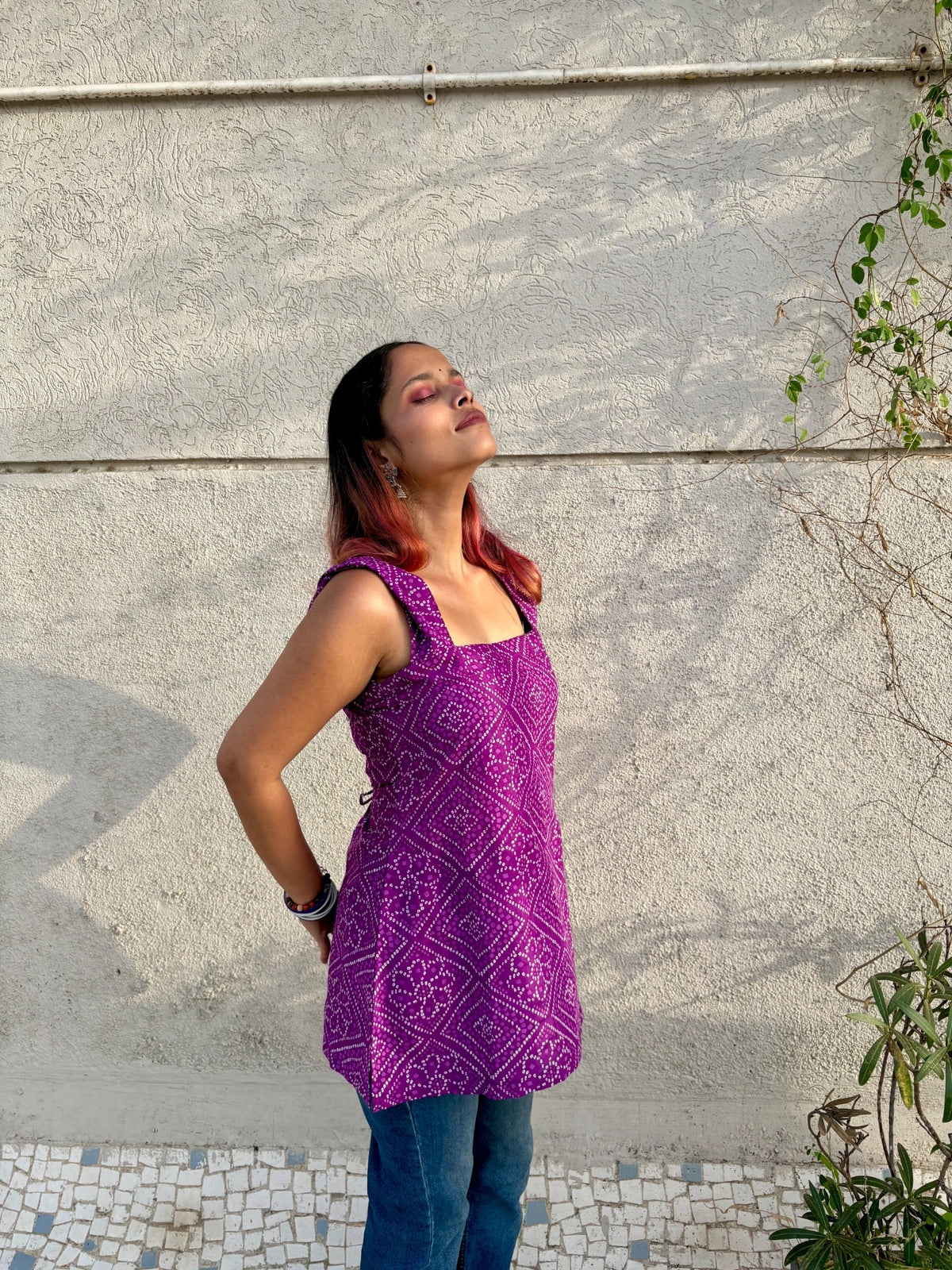 Women Purple Bandhani Printed Cotton Kurti with Corset Tie-Up Back | Sleeveless Trendy Kurti