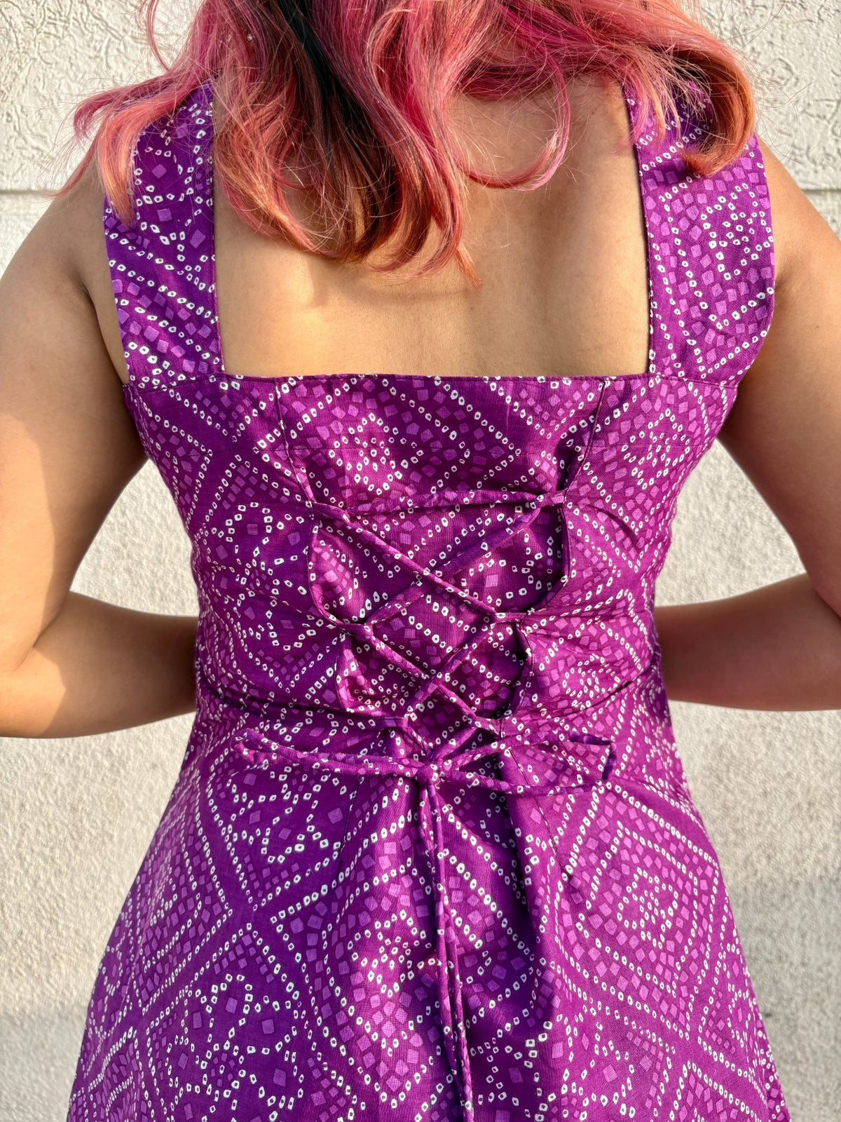 Women Purple Bandhani Printed Cotton Kurti with Corset Tie-Up Back | Sleeveless Trendy Kurti