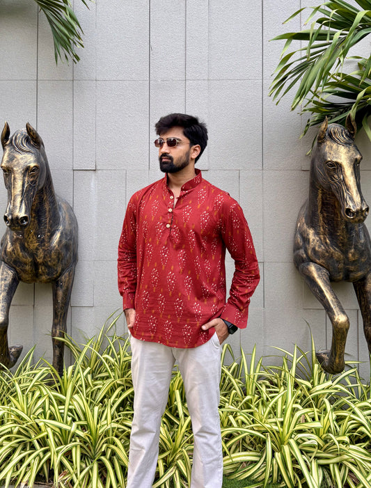 Men's Maroon Ikat Print Cotton Short Kurta | Mandarin Collar Ethnic Casual & Festive Wear