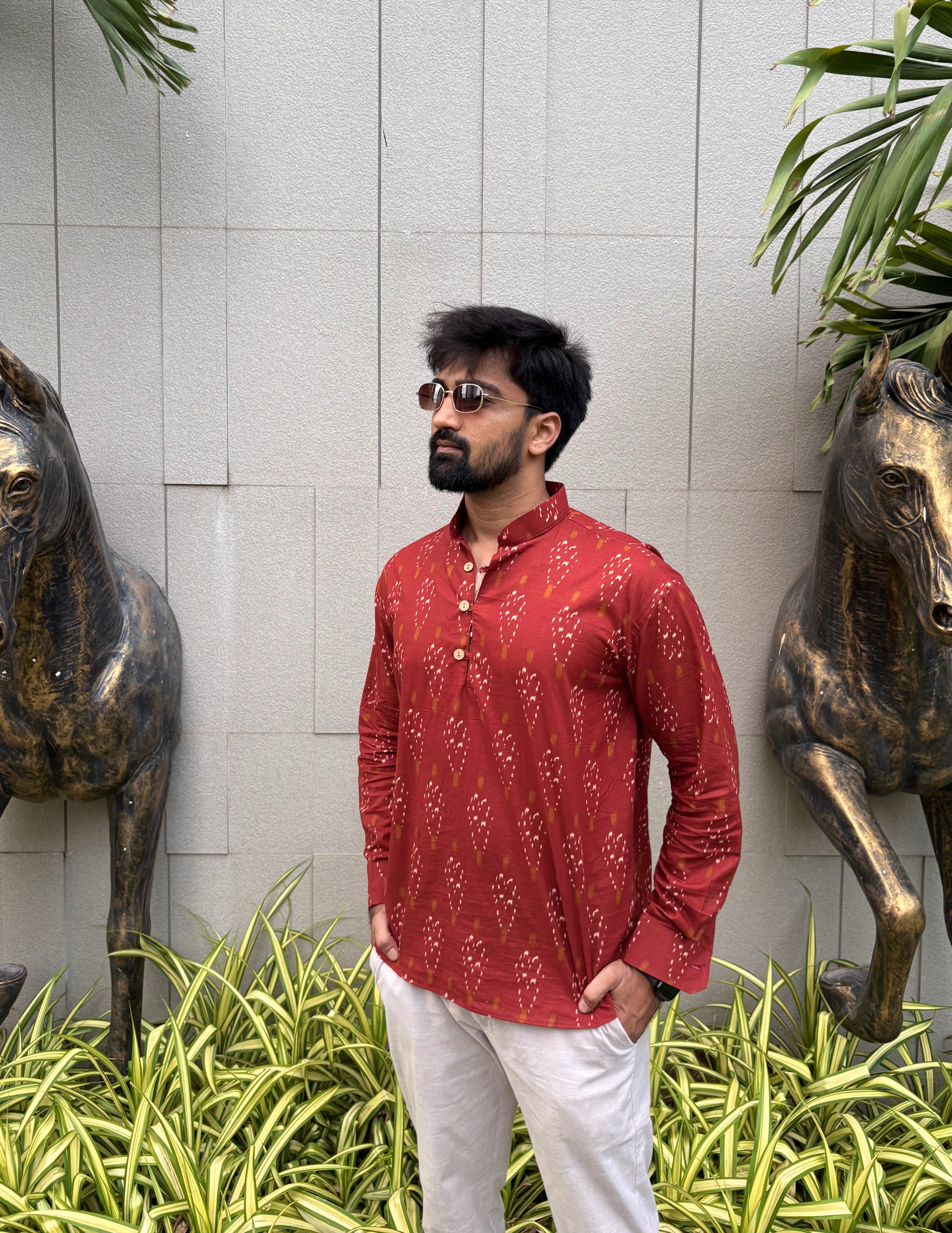 Men's Maroon Ikat Print Cotton Short Kurta | Mandarin Collar Ethnic Casual & Festive Wear
