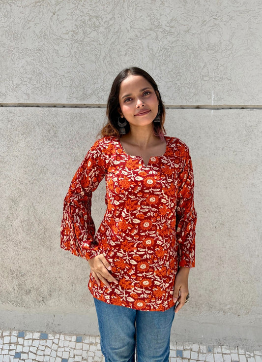 Women’s Cotton Tunic Top with Red Floral Print | Long Flared Sleeve Kurti for Casual & Office Wear