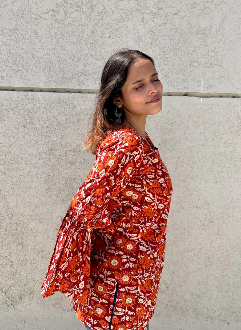 Women’s Cotton Tunic Top with Red Floral Print | Long Flared Sleeve Kurti for Casual & Office Wear