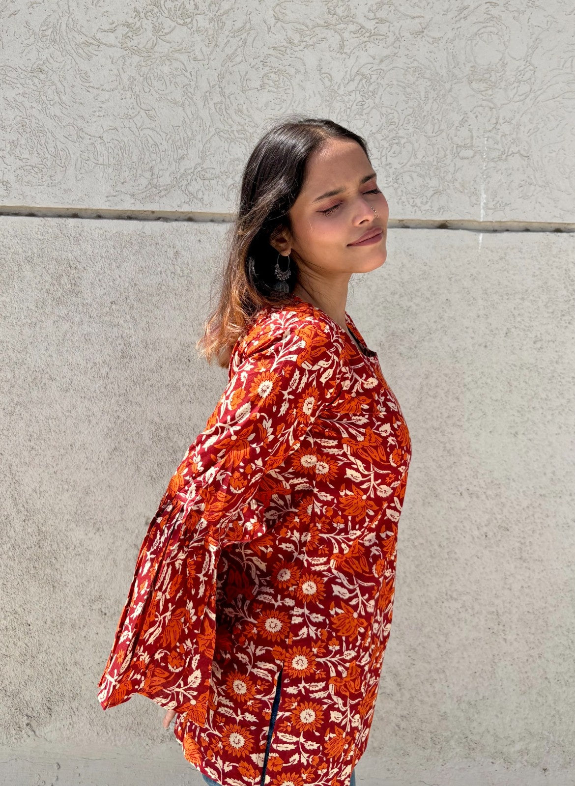 Women’s Cotton Tunic Top with Red Floral Print | Long Flared Sleeve Kurti for Casual & Office Wear