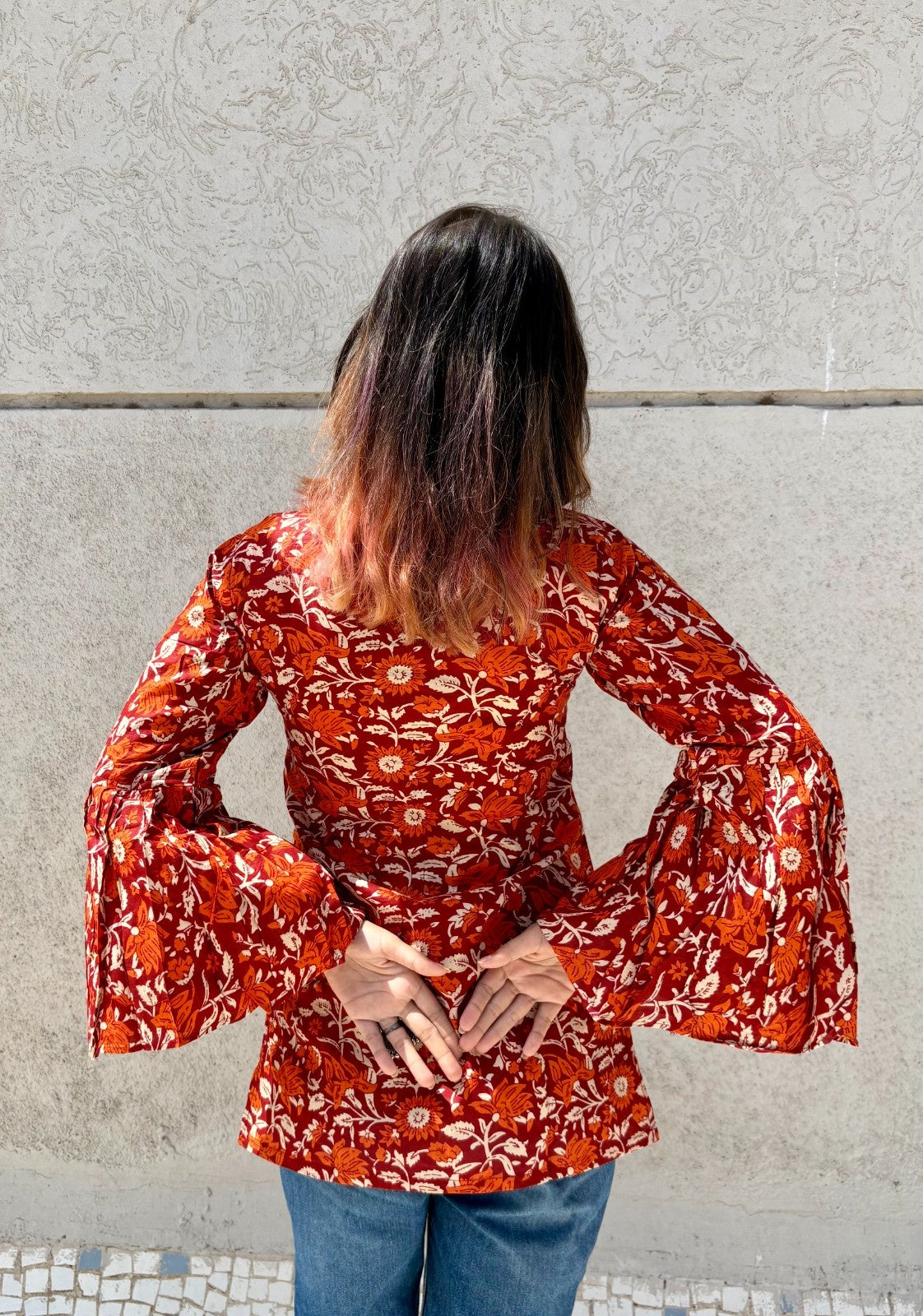 Women’s Cotton Tunic Top with Red Floral Print | Long Flared Sleeve Kurti for Casual & Office Wear