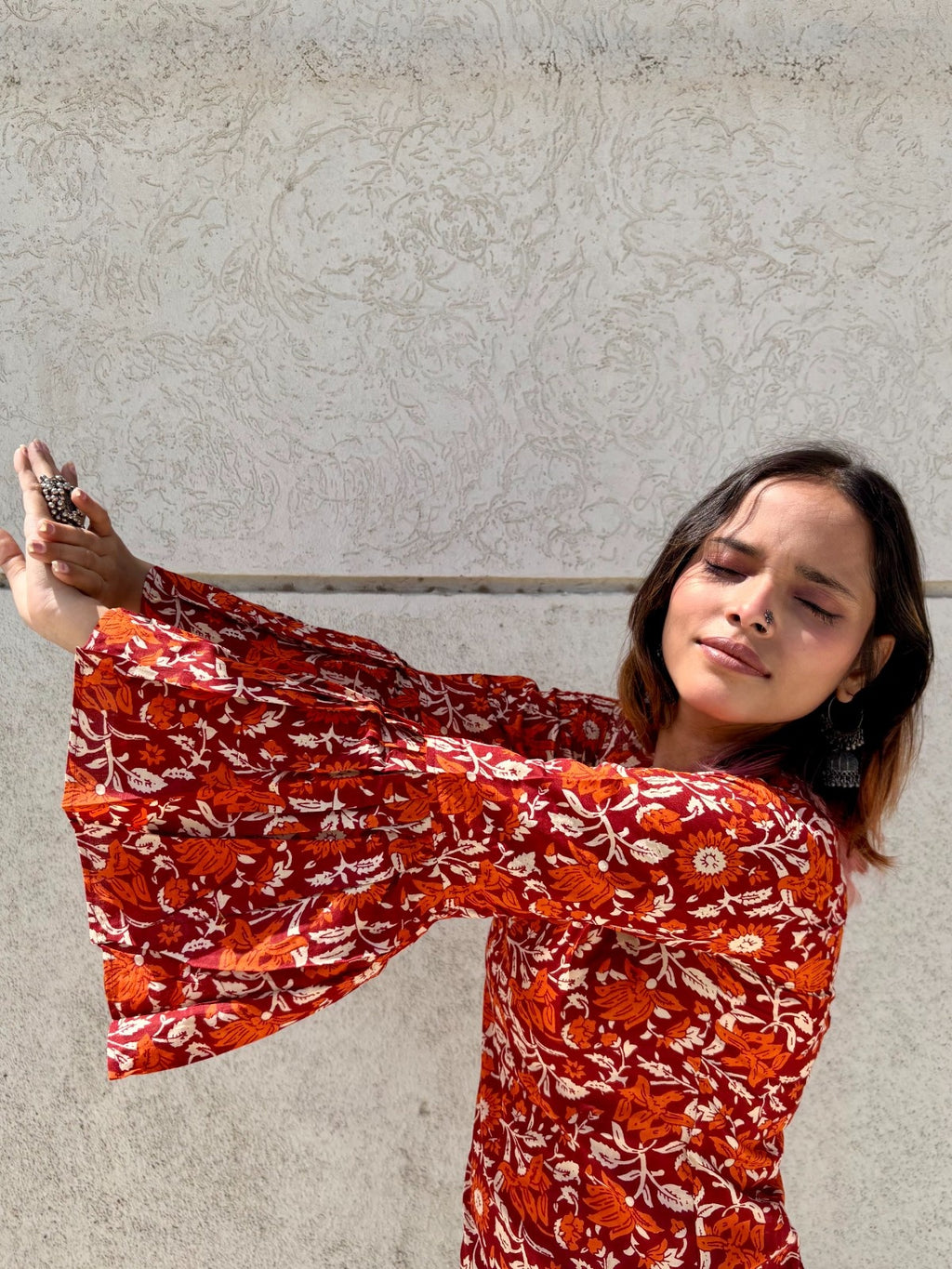 Women’s Cotton Tunic Top with Red Floral Print | Long Flared Sleeve Kurti for Casual & Office Wear