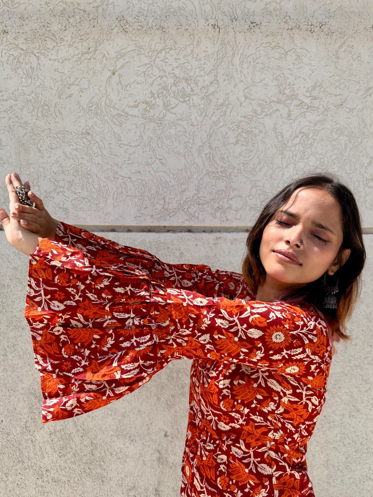 Women’s Cotton Tunic Top with Red Floral Print | Long Flared Sleeve Kurti for Casual & Office Wear