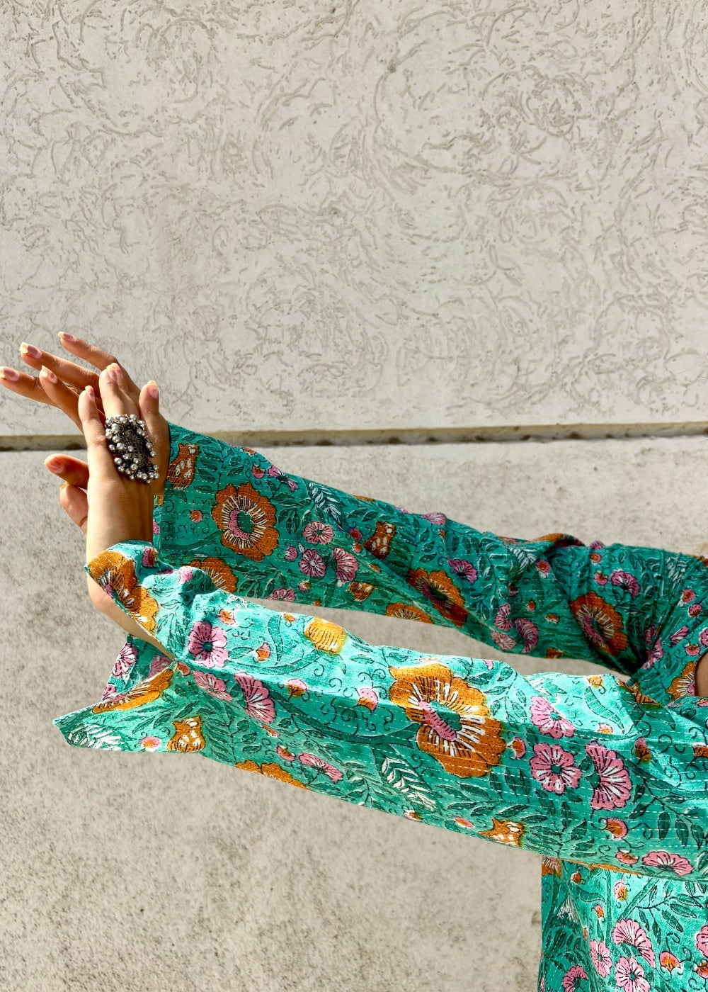 Women’s Cotton Printed Kurti Top – Green Floral Casual Ethnic Tunic with Long Sleeves