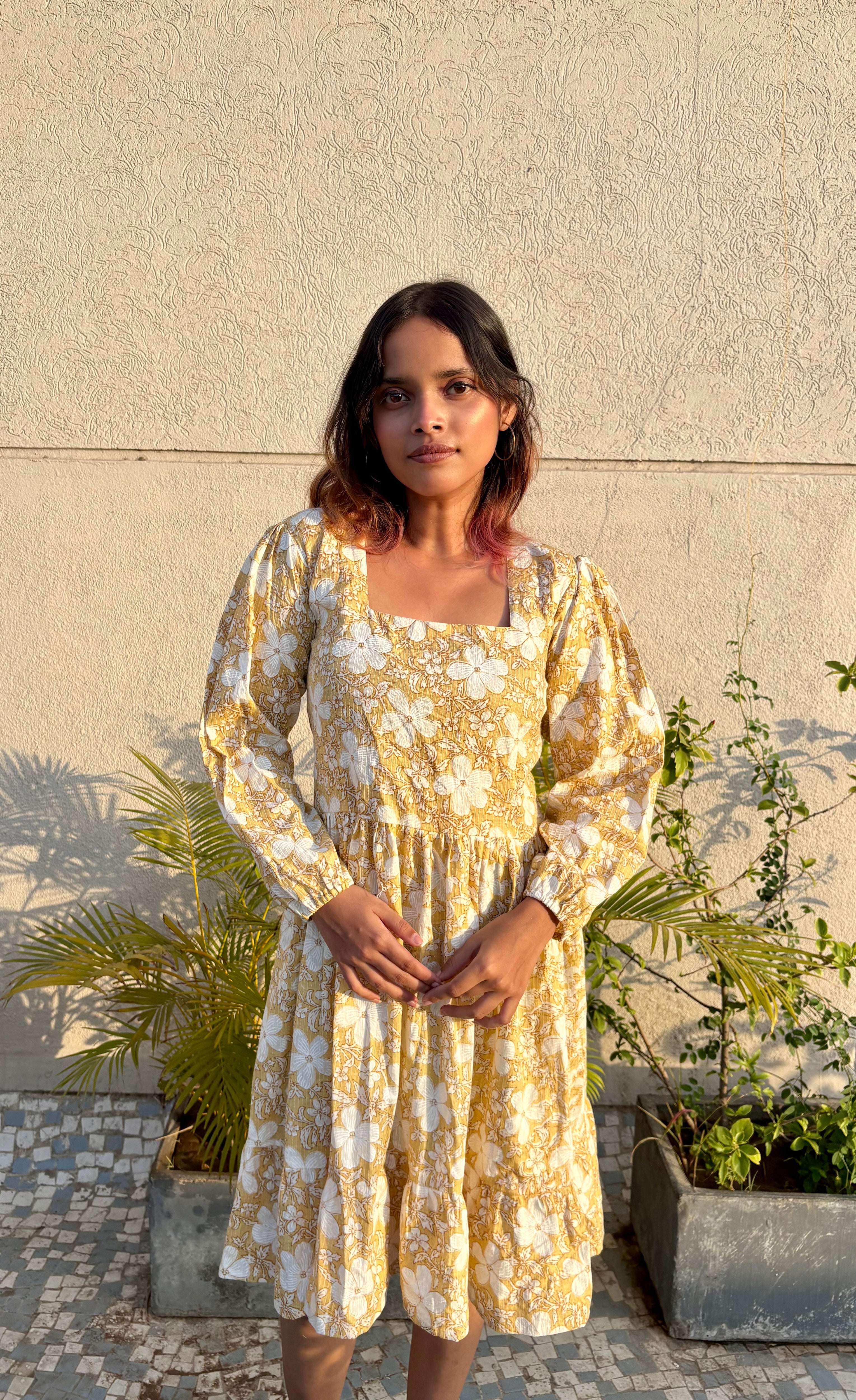 Women's Yellow Floral Printed Cotton Kantha Dress | Square Neck Puff Sleeve Fit & Flare Dress