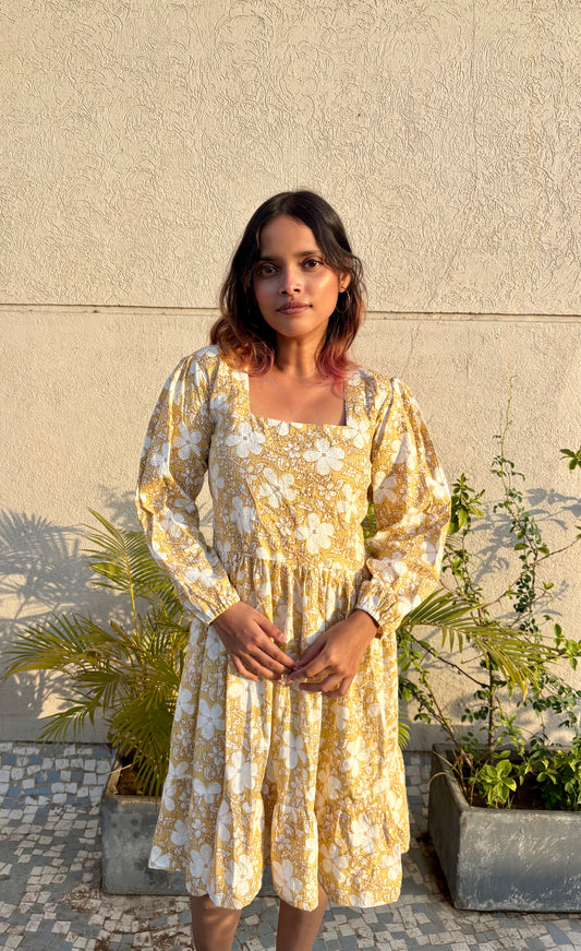 Women's Yellow Floral Printed Cotton Kantha Dress | Square Neck Puff Sleeve Fit & Flare Dress