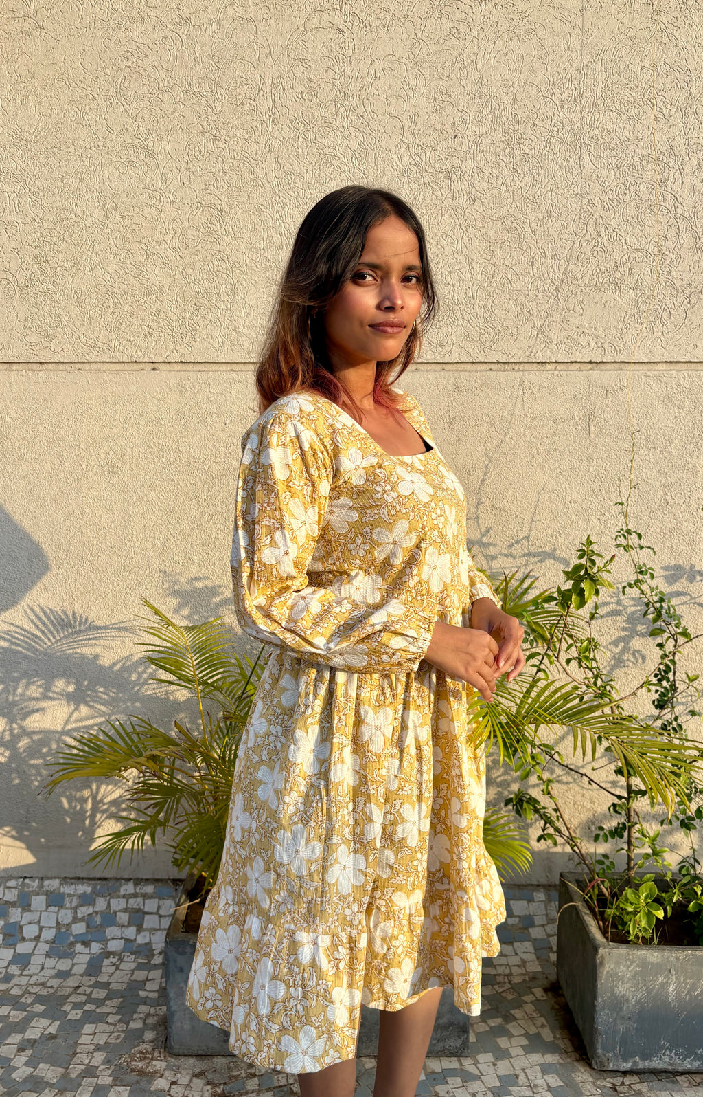 Women's Yellow Floral Printed Cotton Kantha Dress | Square Neck Puff Sleeve Fit & Flare Dress