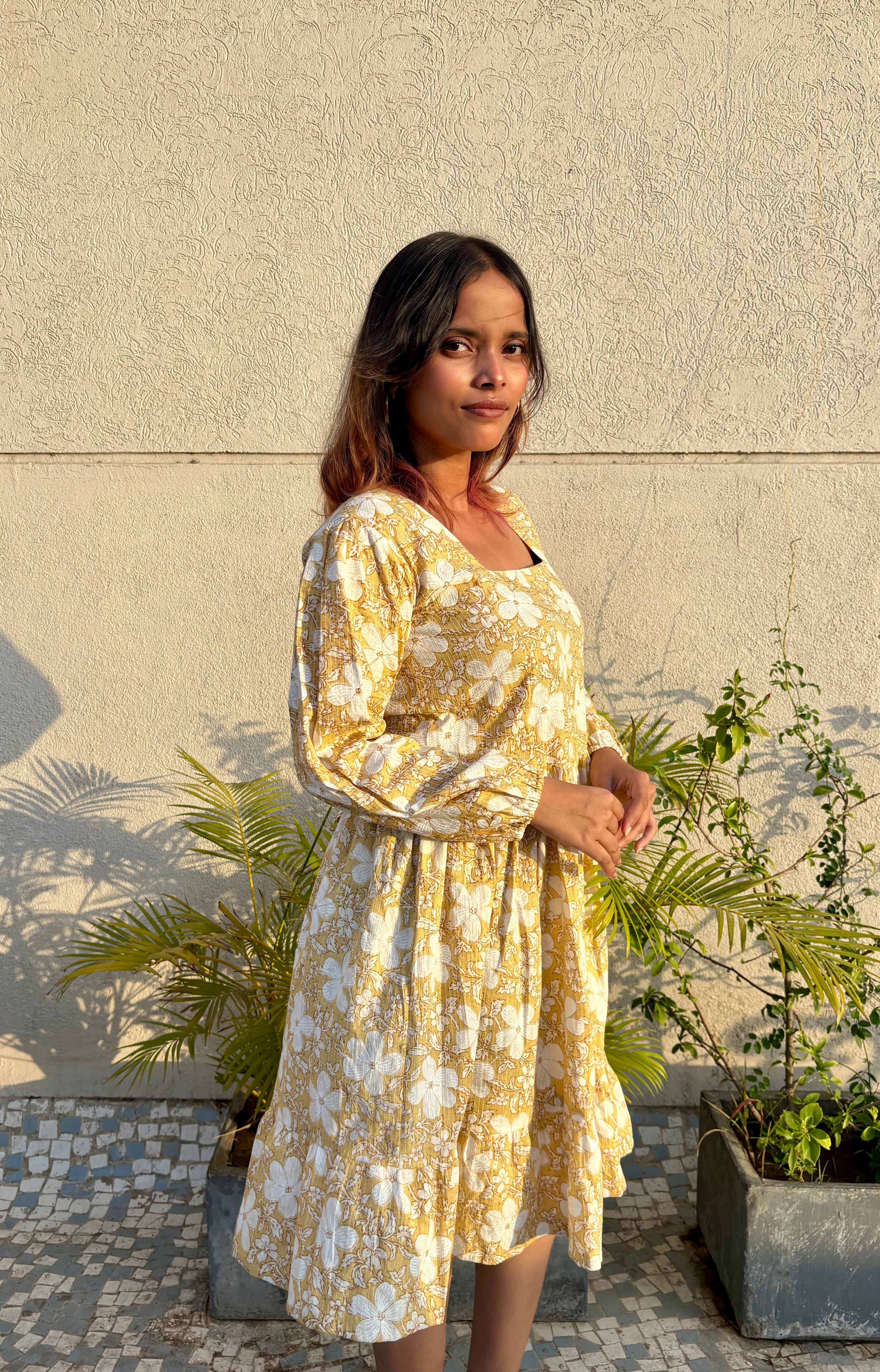 Women's Yellow Floral Printed Cotton Kantha Dress | Square Neck Puff Sleeve Fit & Flare Dress
