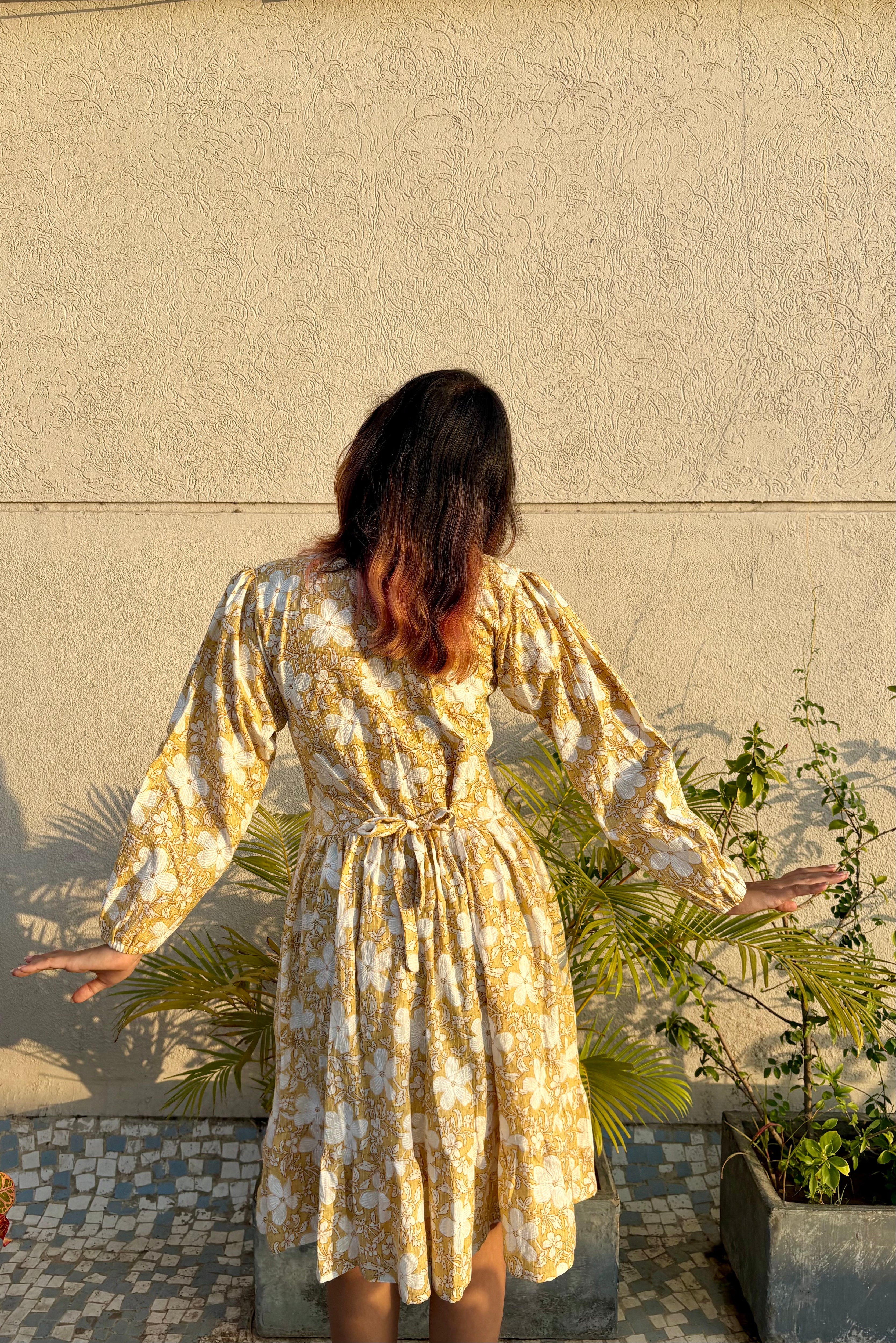 Women's Yellow Floral Printed Cotton Kantha Dress | Square Neck Puff Sleeve Fit & Flare Dress