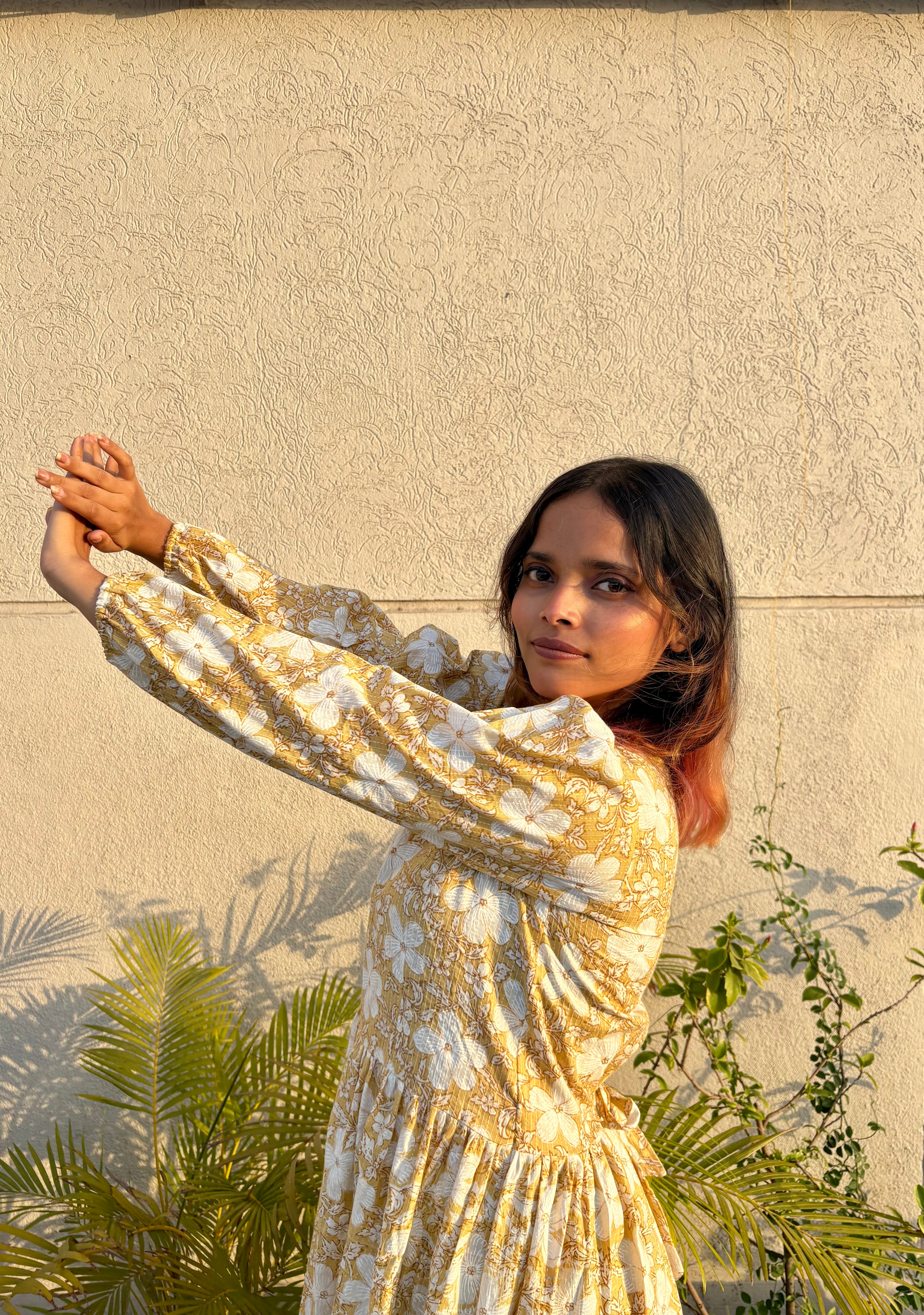 Women's Yellow Floral Printed Cotton Kantha Dress | Square Neck Puff Sleeve Fit & Flare Dress