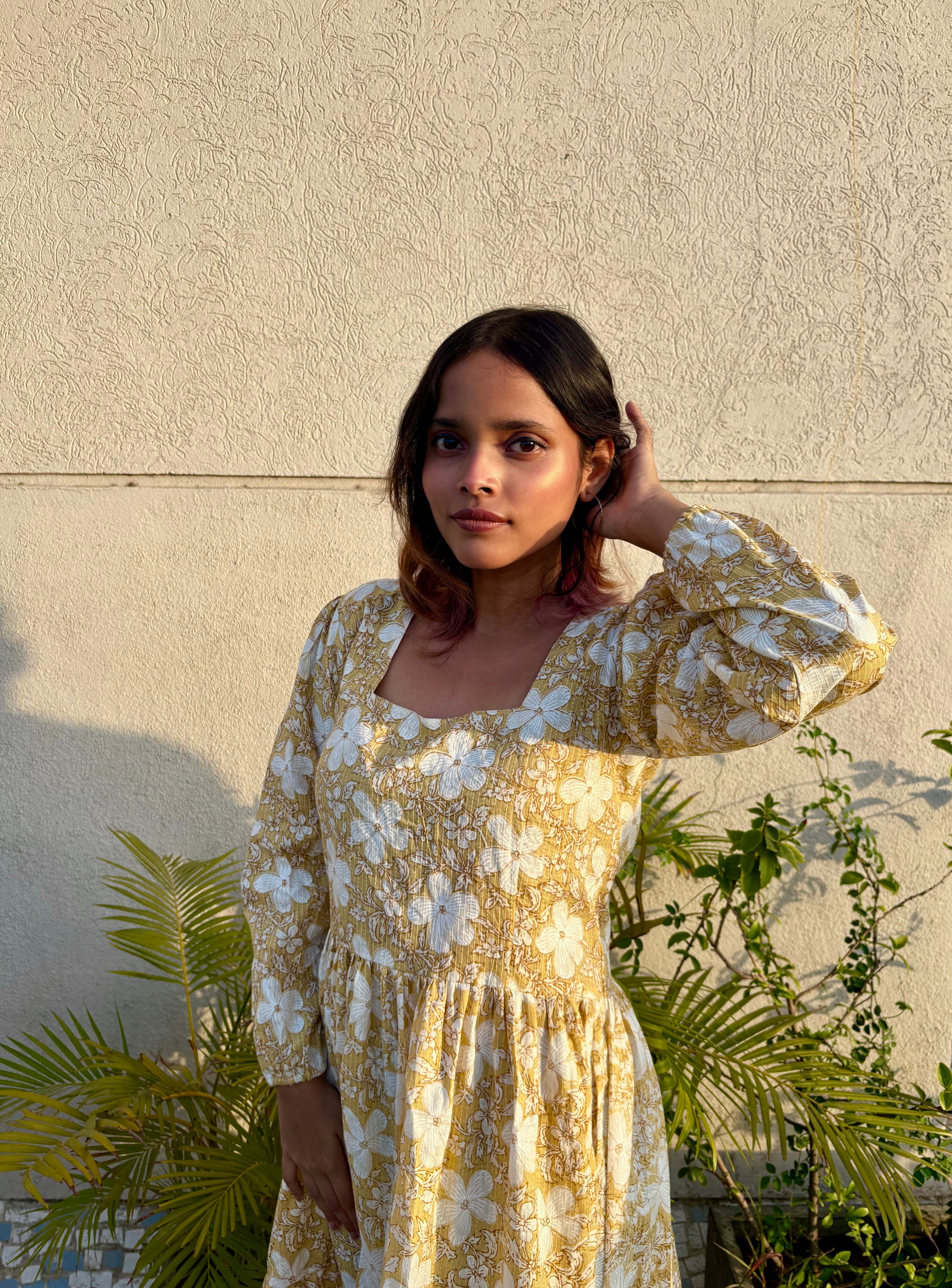Women's Yellow Floral Printed Cotton Kantha Dress | Square Neck Puff Sleeve Fit & Flare Dress