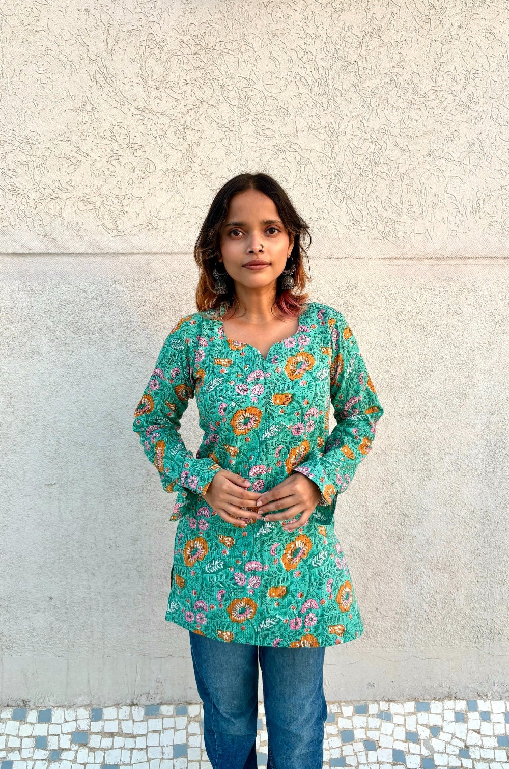 Women’s Cotton Printed Kurti Top – Green Floral Casual Ethnic Tunic with Long Sleeves