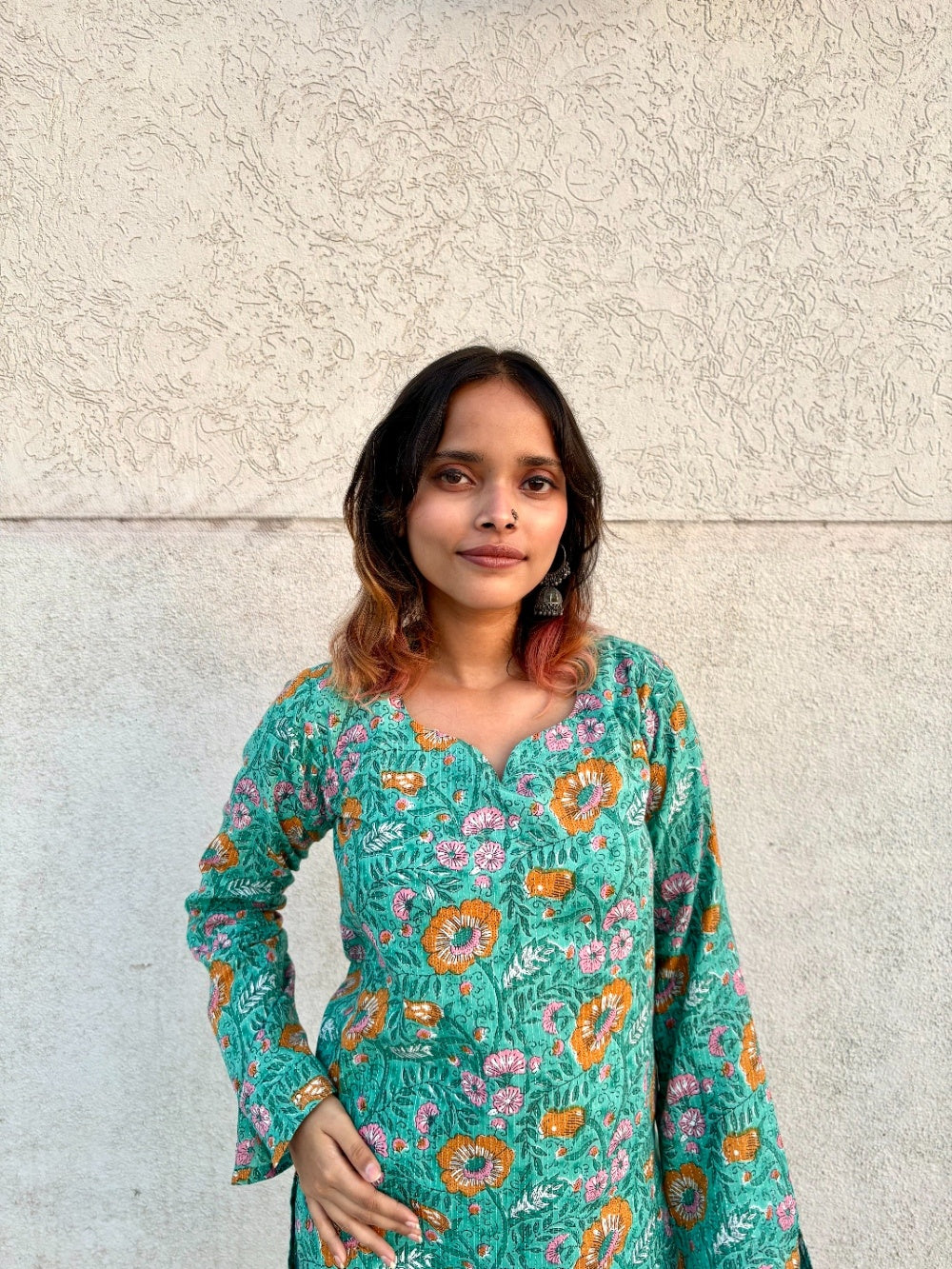 Women’s Cotton Printed Kurti Top – Green Floral Casual Ethnic Tunic with Long Sleeves