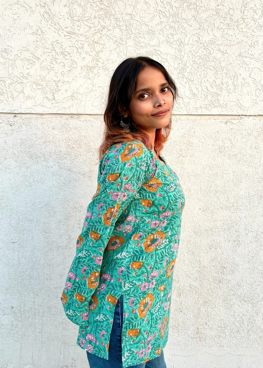 Women’s Cotton Printed Kurti Top – Green Floral Casual Ethnic Tunic with Long Sleeves
