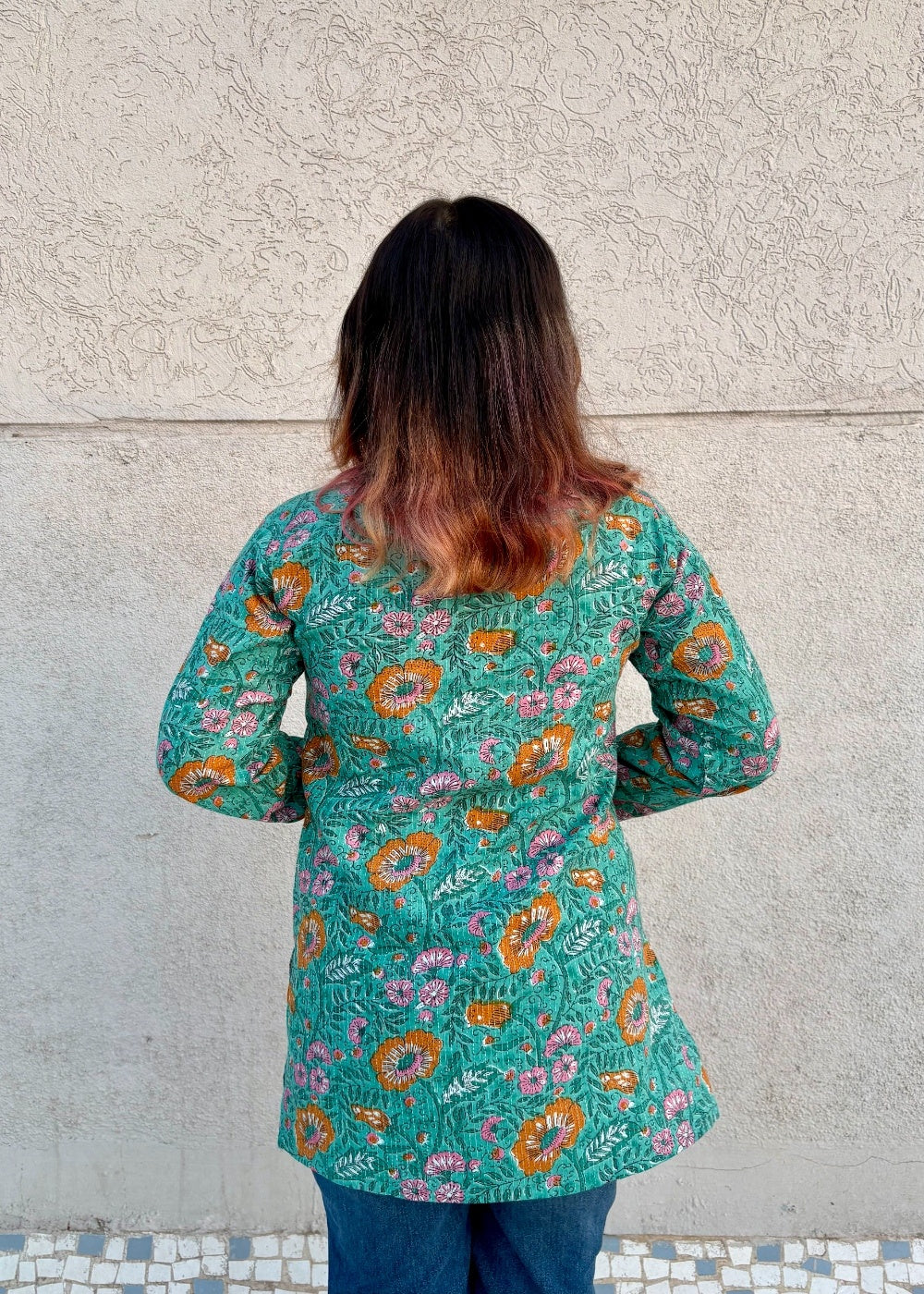 Women’s Cotton Printed Kurti Top – Green Floral Casual Ethnic Tunic with Long Sleeves