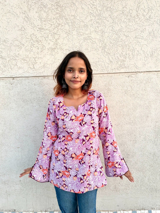 Women’s Cotton Floral Printed Kurti Top – Purple & Orange Casual Ethnic Tunic