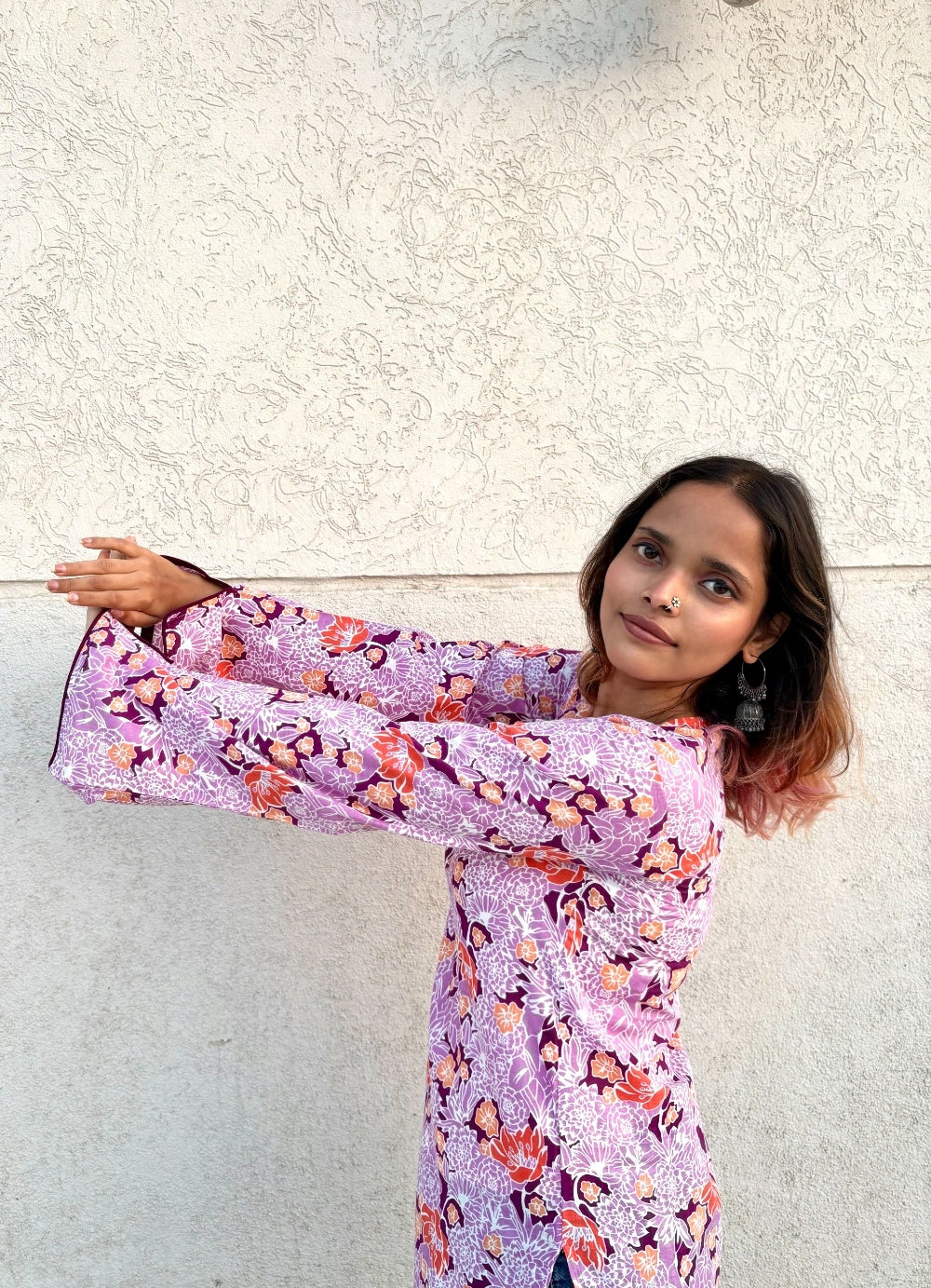Women’s Cotton Floral Printed Kurti Top – Purple & Orange Casual Ethnic Tunic