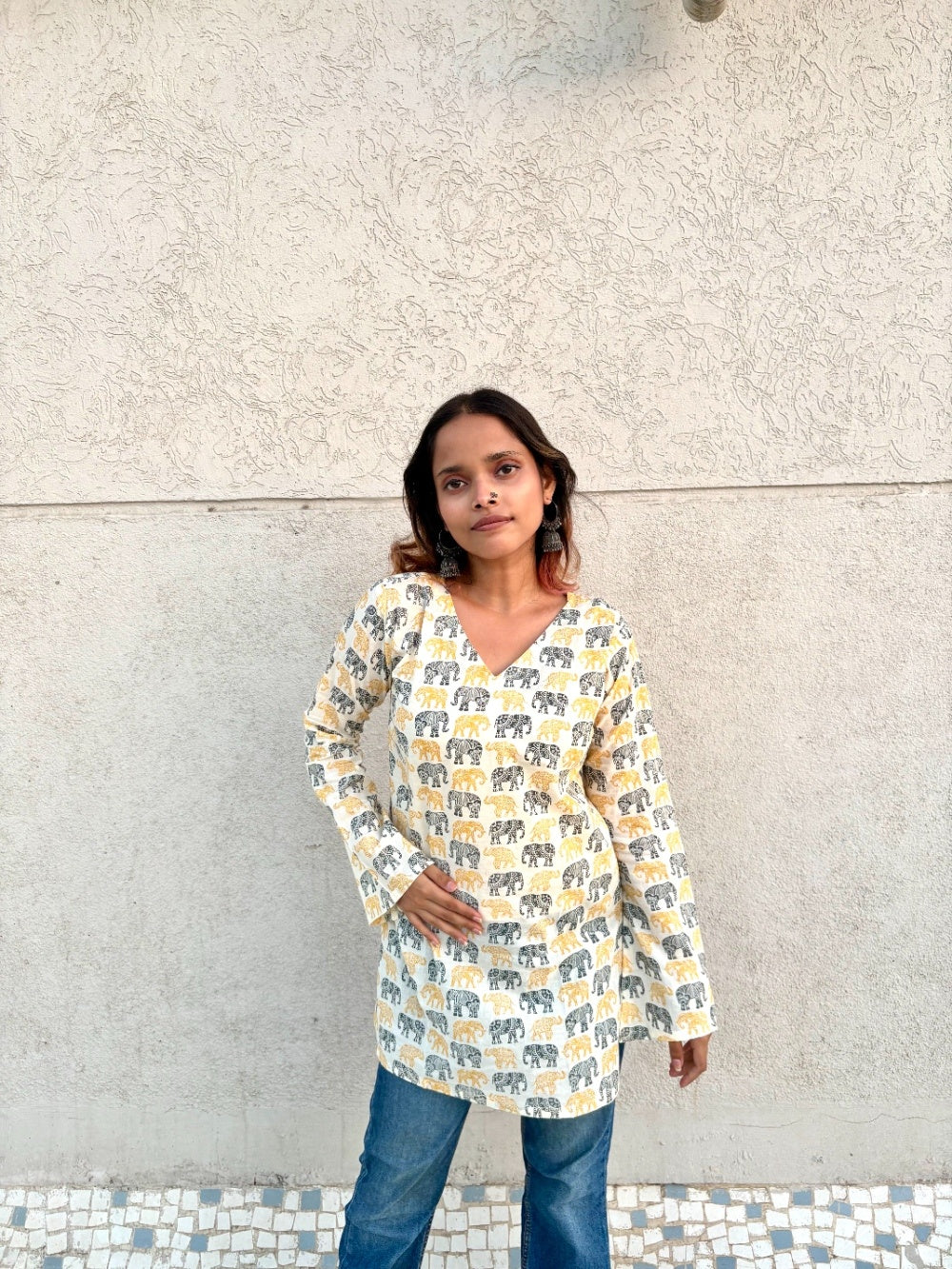 Women’s Cotton Tunic Top with Elephant Handblock Print | V-Neck Long Sleeve Kurti for Casual & Office Wear