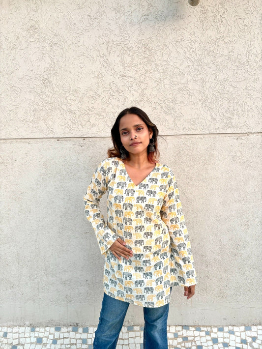 Women’s Cotton Tunic Top with Elephant Handblock Print | V-Neck Long Sleeve Kurti for Casual & Office Wear