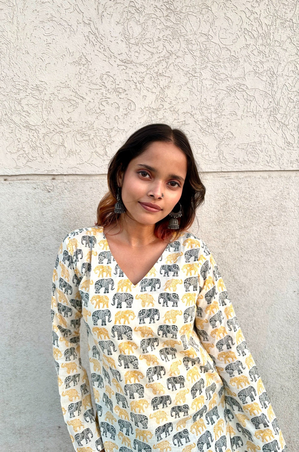 Women’s Cotton Tunic Top with Elephant Handblock Print | V-Neck Long Sleeve Kurti for Casual & Office Wear