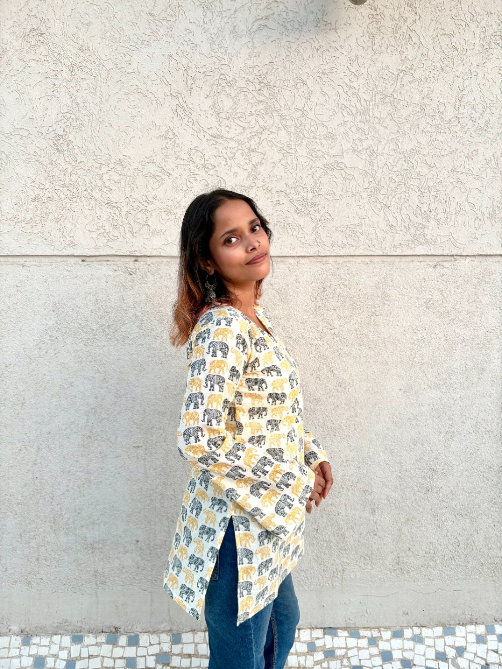 Women’s Cotton Tunic Top with Elephant Handblock Print | V-Neck Long Sleeve Kurti for Casual & Office Wear