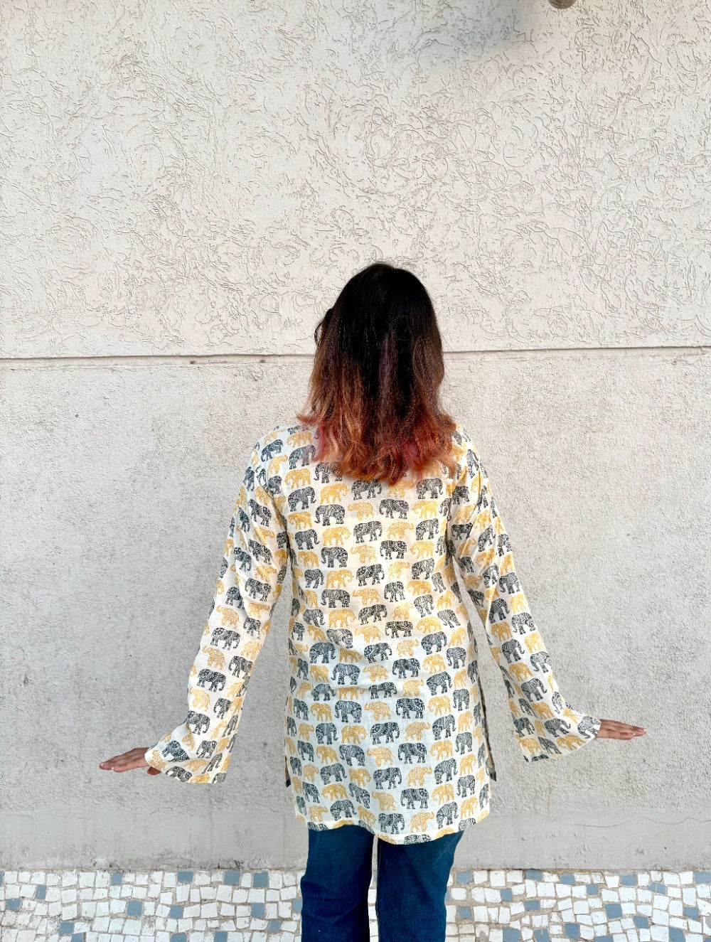 Women’s Cotton Tunic Top with Elephant Handblock Print | V-Neck Long Sleeve Kurti for Casual & Office Wear