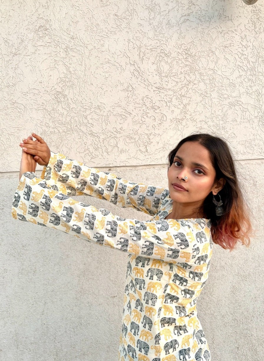 Women’s Cotton Tunic Top with Elephant Handblock Print | V-Neck Long Sleeve Kurti for Casual & Office Wear
