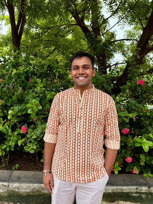 Men's Rust Brown Ethnic Block Print Cotton Short Kurta | Mandarin Collar Casual Festive Kurta