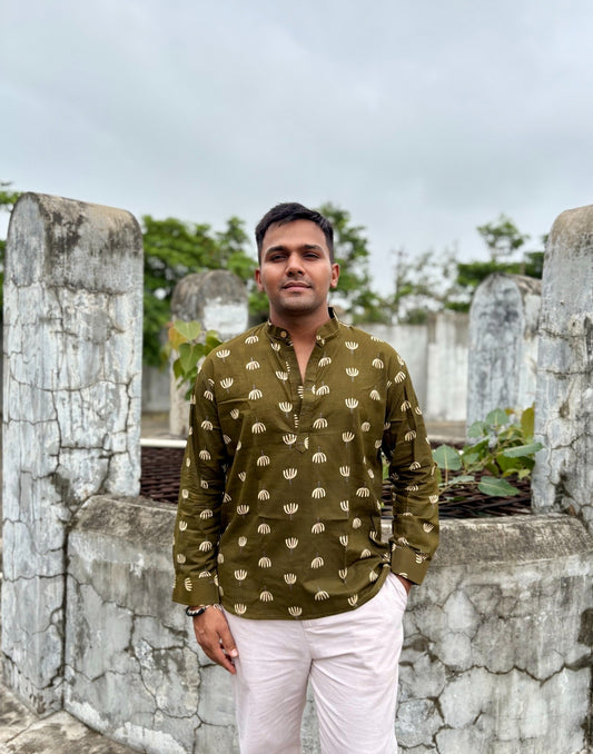 i Men's Olive Green Printed Cotton Short Kurta | Mandarin Collar Ethnic Casual & Festive Wear