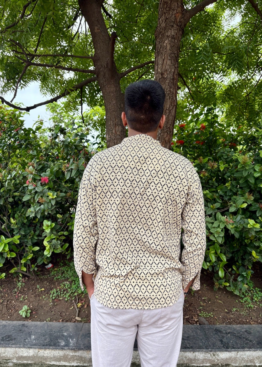 Men's Beige Geometric Printed Cotton Short Kurta | Mandarin Collar Ethnic Casual & Festive Wear