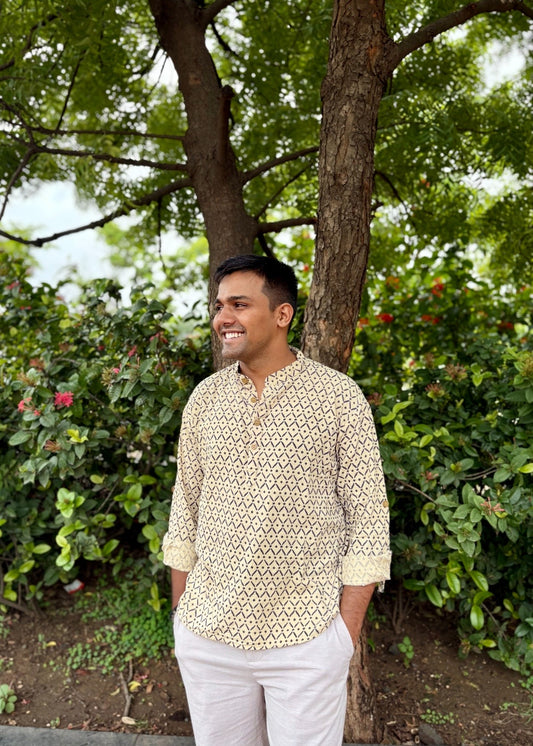 Men's Beige Geometric Printed Cotton Short Kurta | Mandarin Collar Ethnic Casual & Festive Wear