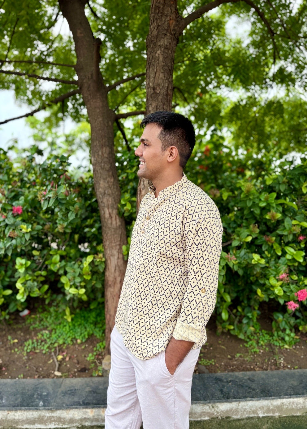 Men's Beige Geometric Printed Cotton Short Kurta | Mandarin Collar Ethnic Casual & Festive Wear