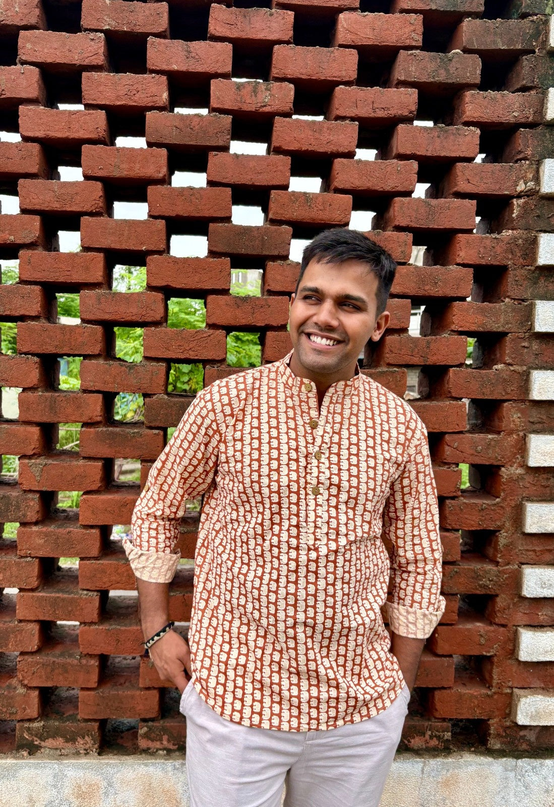 Men's Rust Brown Ethnic Block Print Cotton Short Kurta | Mandarin Collar Casual Festive Kurta