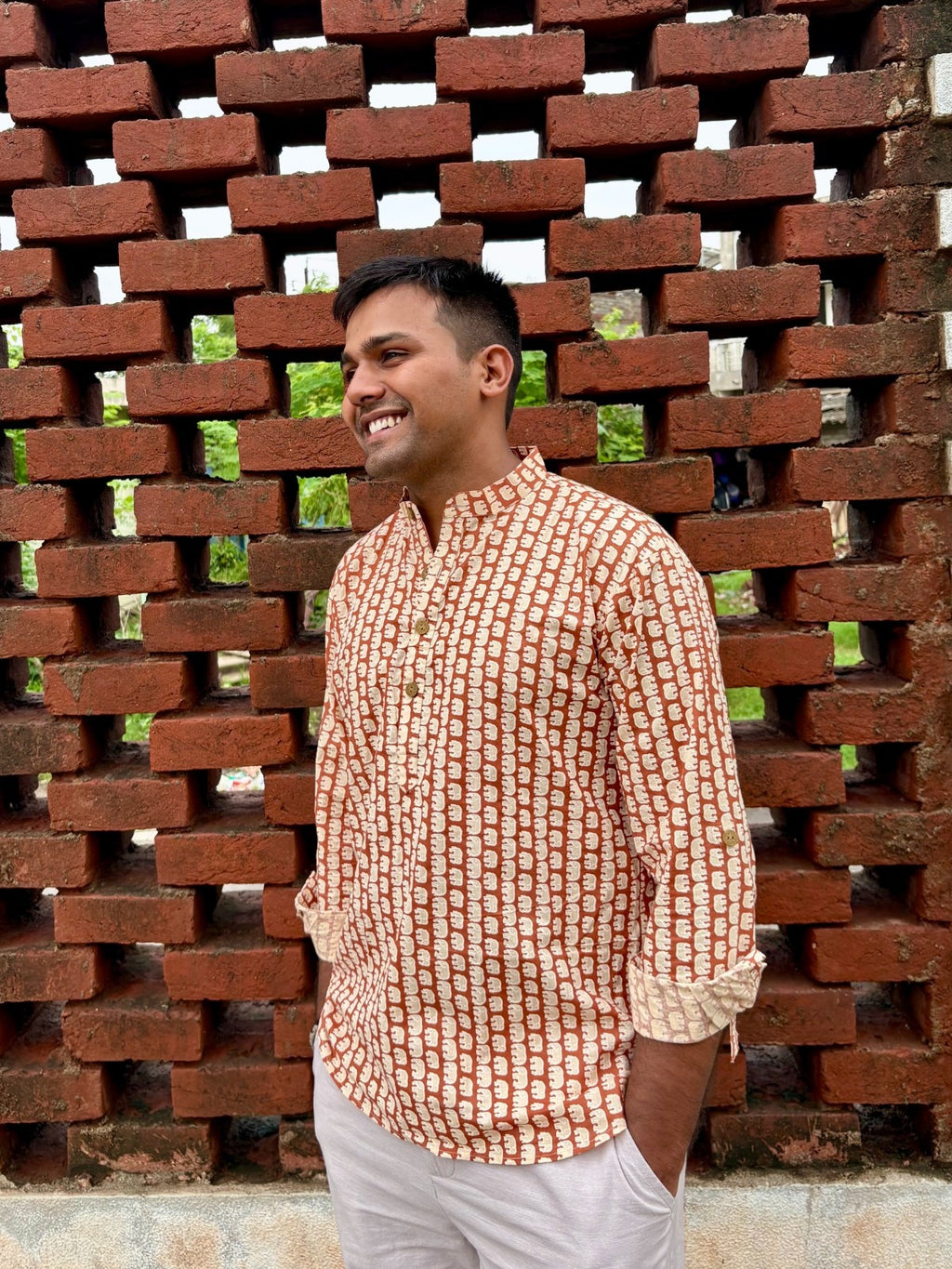 Men's Rust Brown Ethnic Block Print Cotton Short Kurta | Mandarin Collar Casual Festive Kurta