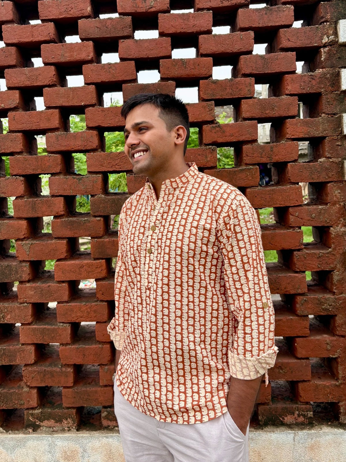 Men's Rust Brown Ethnic Block Print Cotton Short Kurta | Mandarin Collar Casual Festive Kurta