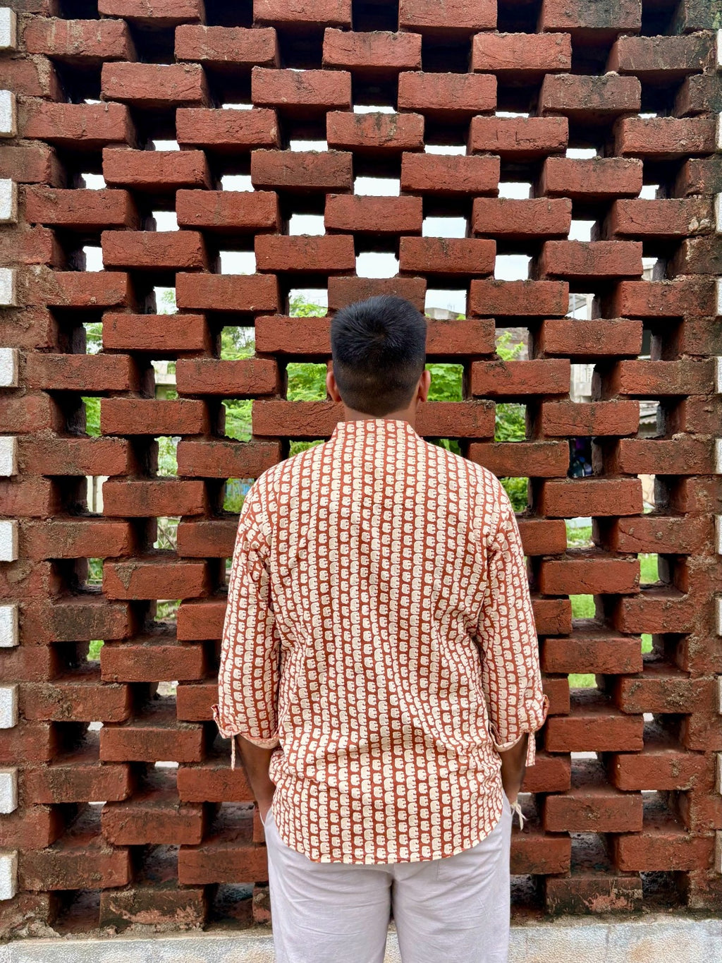 Men's Rust Brown Ethnic Block Print Cotton Short Kurta | Mandarin Collar Casual Festive Kurta