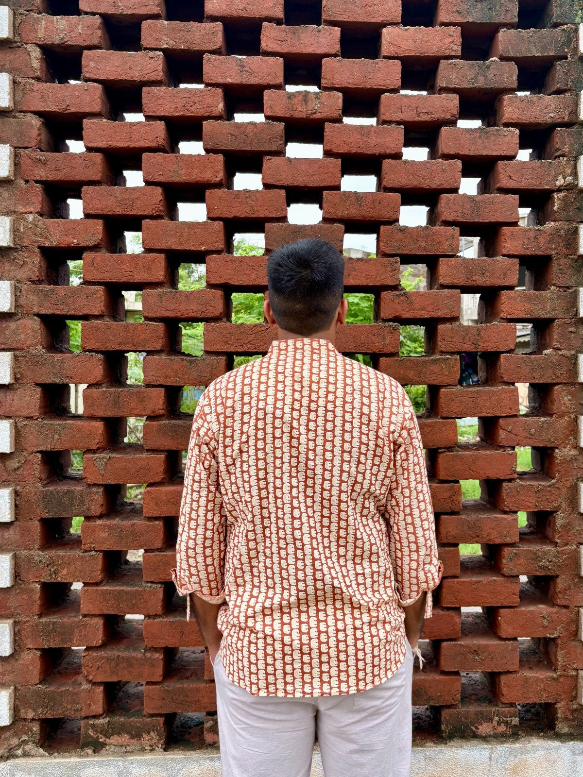 Men's Rust Brown Ethnic Block Print Cotton Short Kurta | Mandarin Collar Casual Festive Kurta